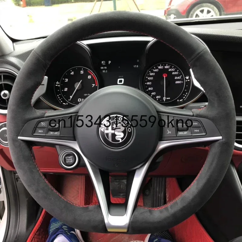 

For ALFA ROMEO Giulia High Quality Hand-stitched Black Suede DIY Steering Wheel Cover Car Accessories