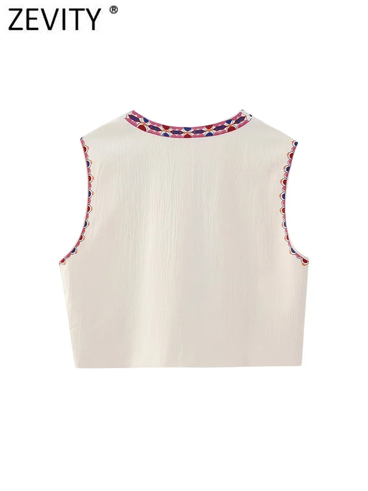 Zevity Vrouwen Nationale Mouwloze Positie Bloemenborduurwerk Kort Vest Jack Dames Nationale Stijl Casual Vest Tops Ct4110