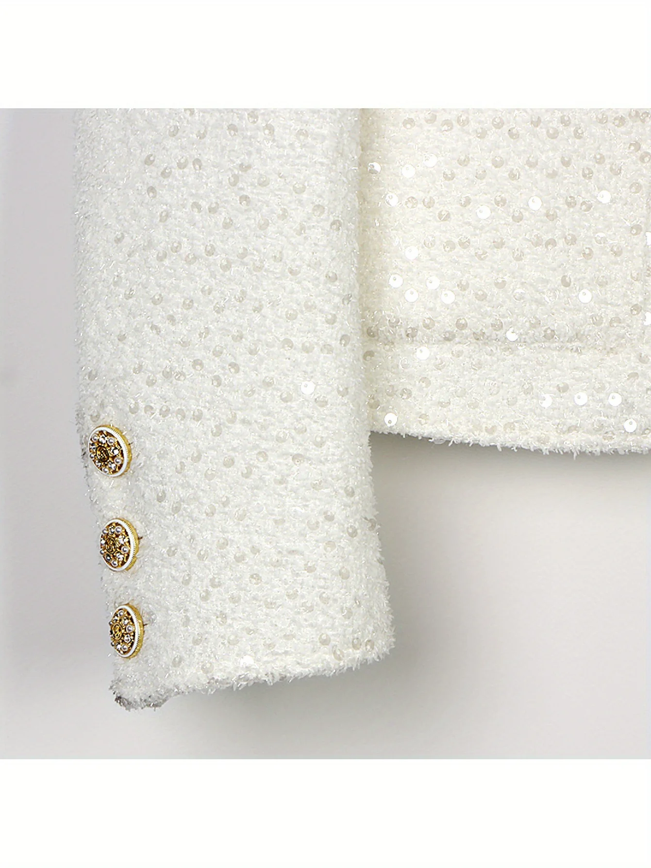 Luxury White Tweed Jacket Sparkly Sequins Gold Buttons O-Neck Cropped Blazer Coat 28506 view 5