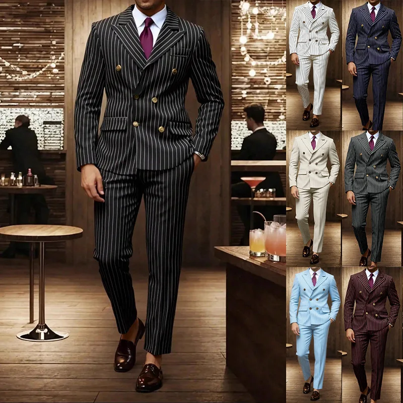 Classic Business Brown Striped Suits Men Single Breasted Jacket Pants 2 Pieces Groom Tuxedo Customized Man Dinner Party Clothing