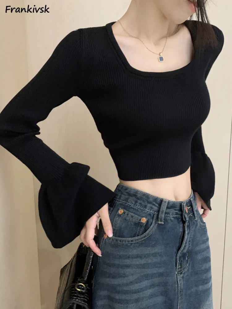 Flare Sleeve Sweaters Women Solid Bandage Spring Autumn Simple Square Collar Hotsweet Slim Cropped Midriff-baring Outdoor Street