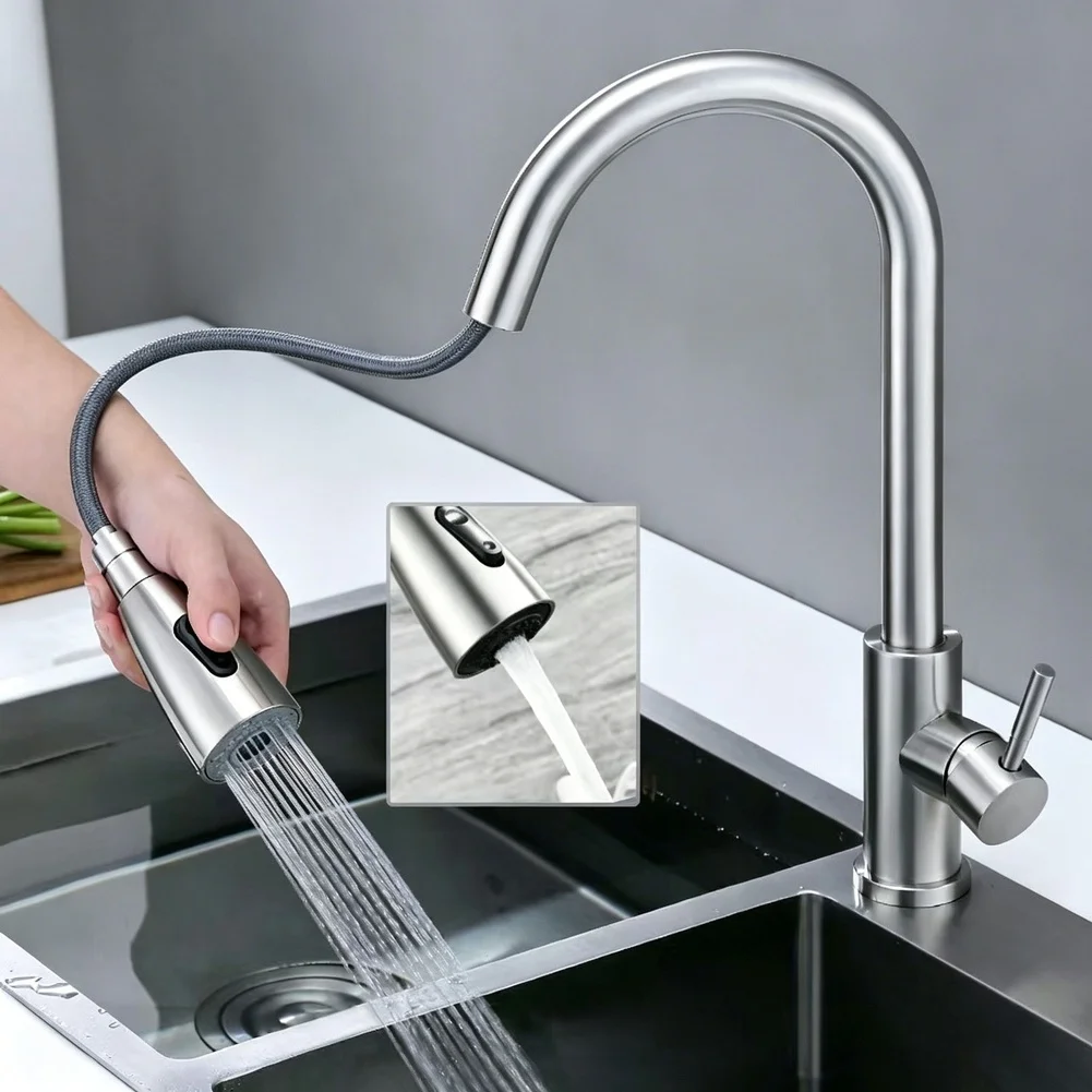 Stainless Steel Kitchen Faucet with Pull Out Sprayer 60cm Flexible Hose Dual Stream Spray Function Silver Black