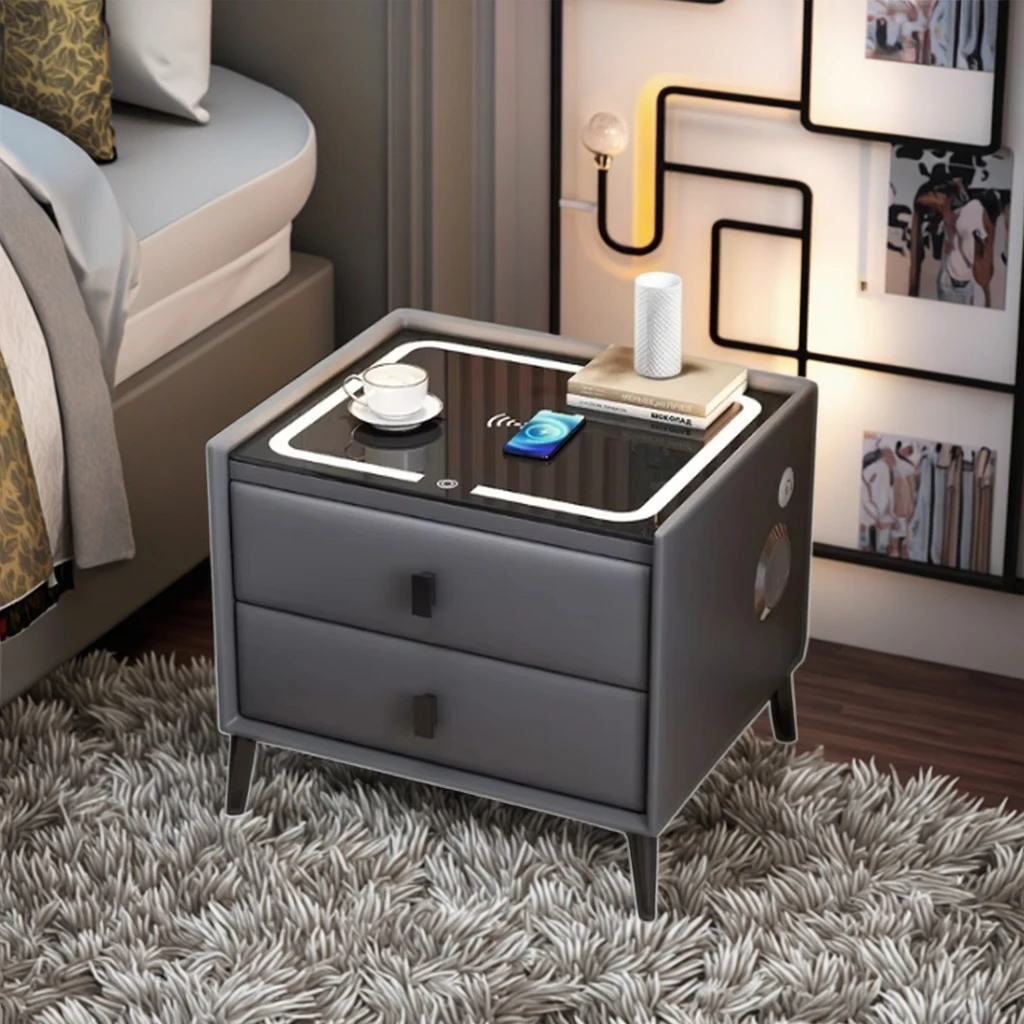 Nowoczesny inteligentny stolik nocny z ekranem dotykowym, oświetleniem LED i szufladą do przechowywania, meble do sypialni.