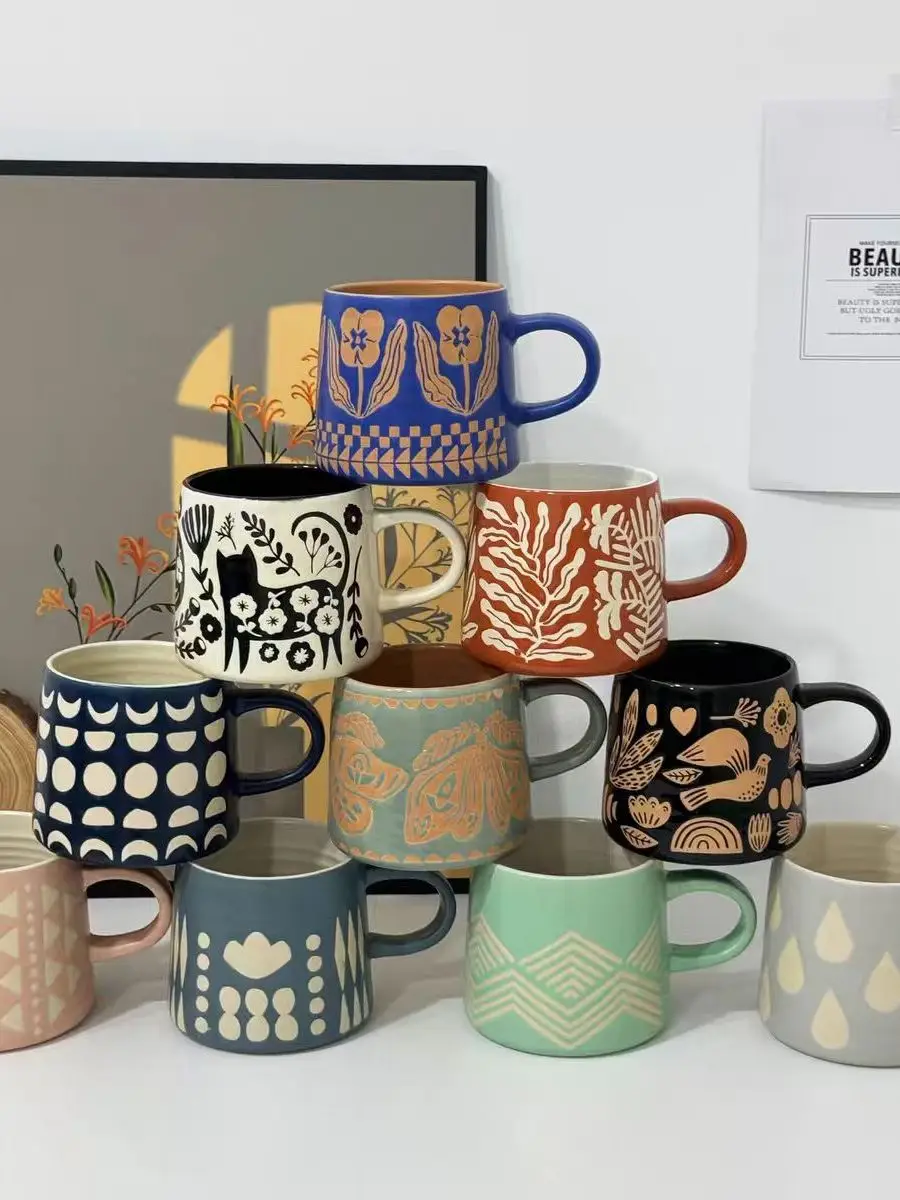 

Hand-Painted Cerc Mugs Retro Coffee Cups Couple Mugs High Aesthetic Value Home Use Ins Sle Heat Resistant No Lid Included