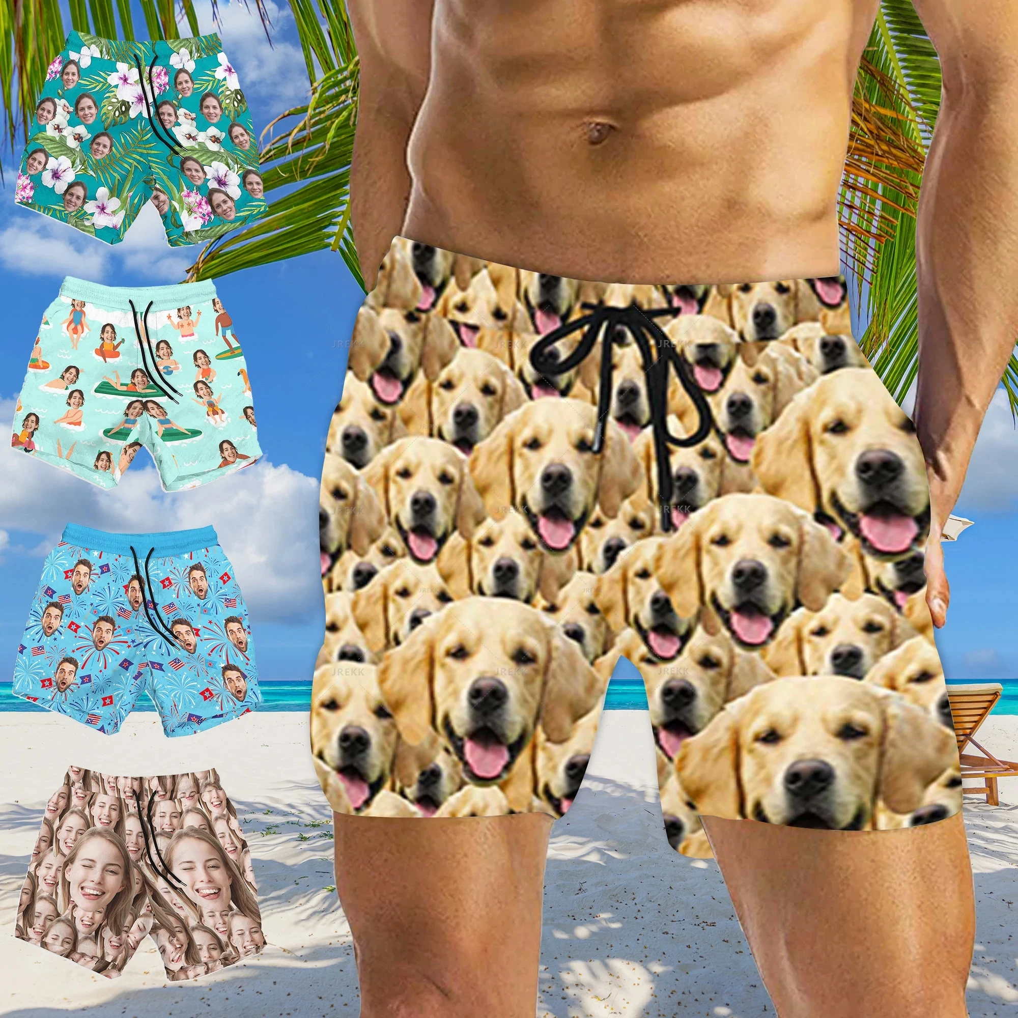 Summer 3D Print Custom Face Beach Shorts Women Tropical Leaves Graphic Swimming Shorts Men Fashion Board Shorts Swimwear Clothes