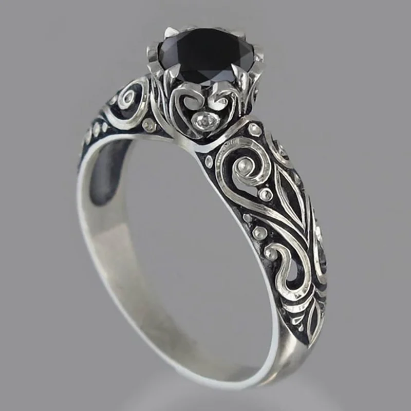 Vintage Black Crystal Flower Lines Pattern Ring For Men Jewelry Adjustable New Arrival S925 Ring Male Index Finger Accessories