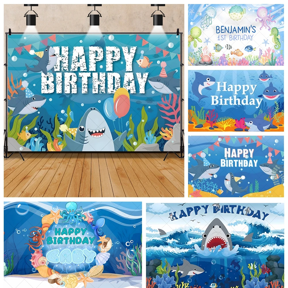 Toile de fond de bande dessinée personnalisée pour chambre d'enfant, affiche photo, décor, mignon, petit requin, méduse, poisson, bannière de fête d'anniversaire, cadeau pour enfants