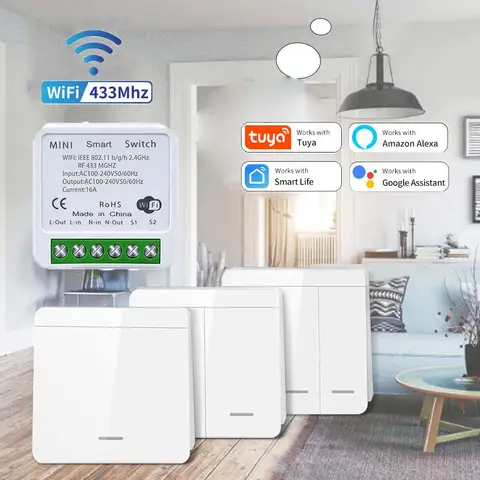 16A Tuya WiFi 스마트 스위치 무선 RF 433MHz 미니 릴레이 수신기 1/2/3 갱 벽 패널 스위치 Alexa Google 홈 음성 제어
