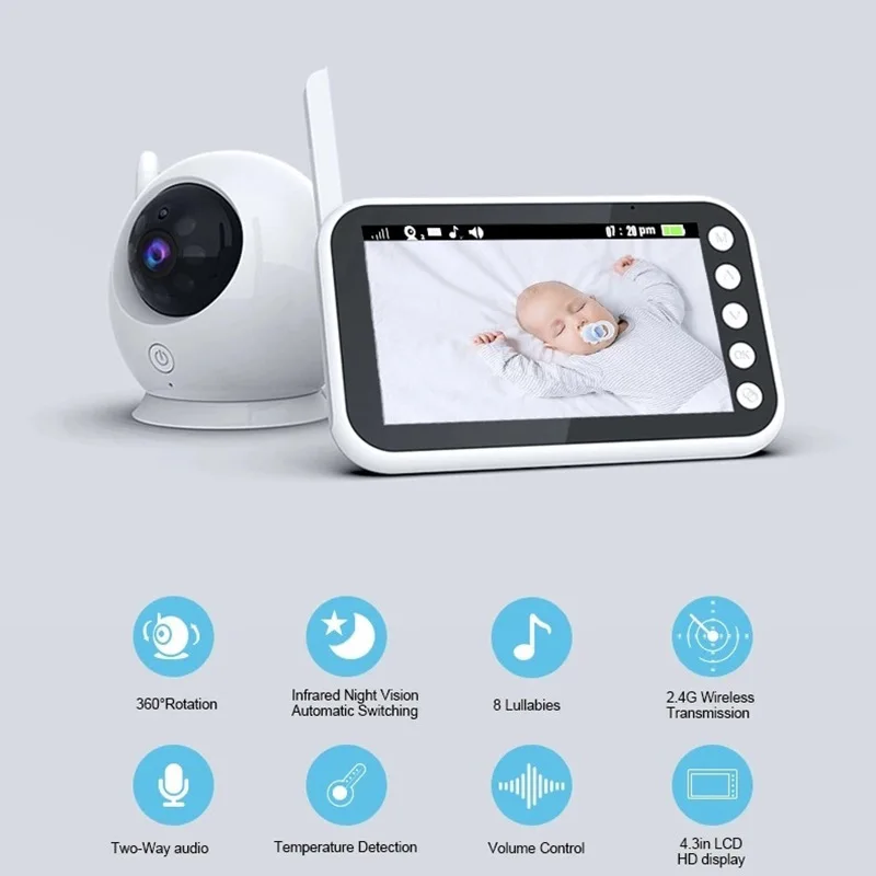 4.3inches LCD HD Display 360°Rotation Baby Monitor Infrared Night Vision Wireless Kids Intercom Caregiver Temperature Detection