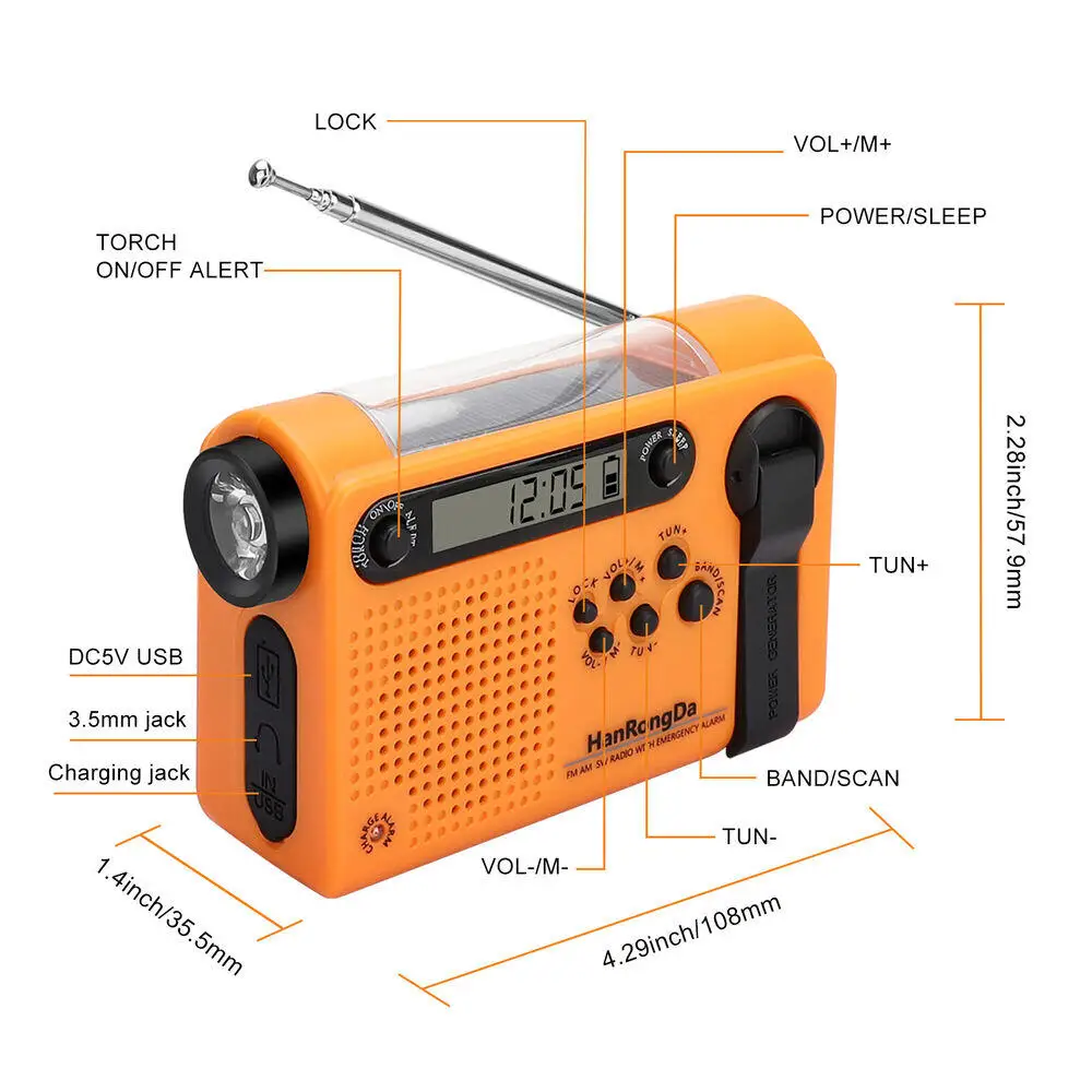 Weather Emergency Radio AM/FM/SW Portable Solar Hand Crank Radio 3 in 1 2000mAh Power Bank Phone Charger Flashlight for Camping