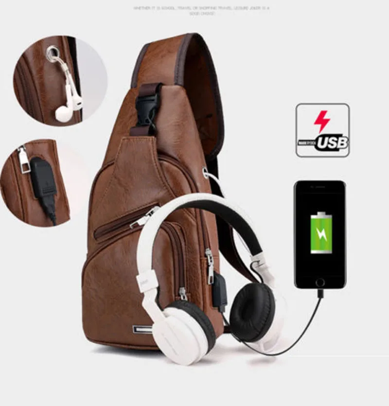 Sac messager en cuir PU vintage pour hommes, chargement USB, sac à bandoulière de sport, sac à dos design, sac à bandoulière de poitrine, loisirs