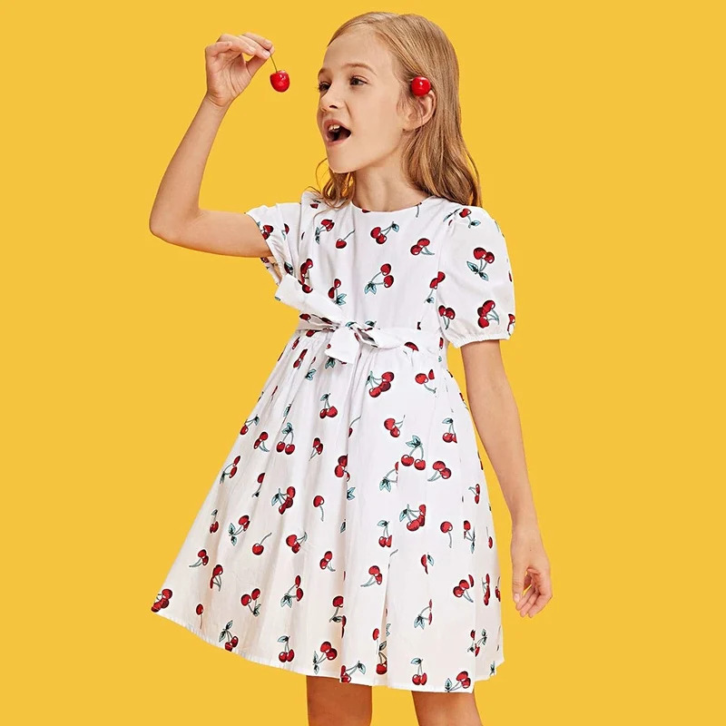 Summer Children Kids Dress Fashion Casual Cute Fresh Printing Thin Lace-Up Design Round Neck Short-Sleeved Dress