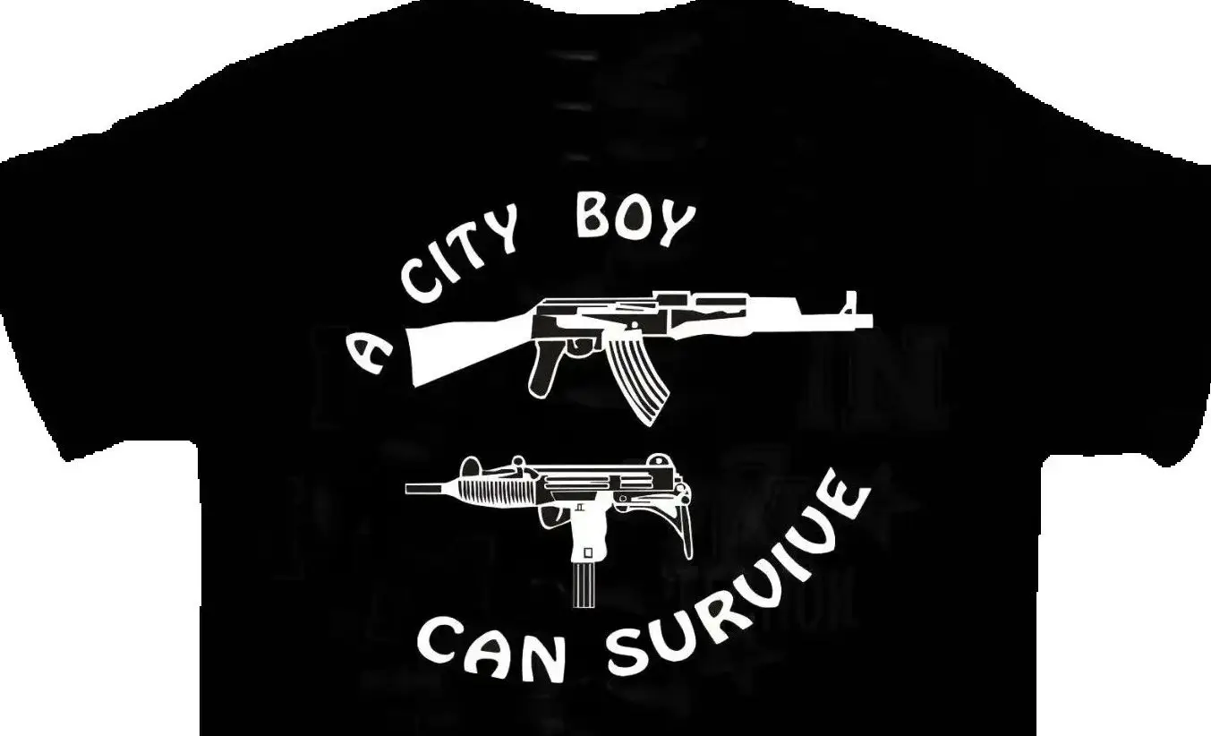 

A City Boy Can Survive AK-47 Uzi Gun London York T-Shirt 100% Cotton O-Neck Summer Short Sleeve Casual Mens T-shirt Size S-3XL