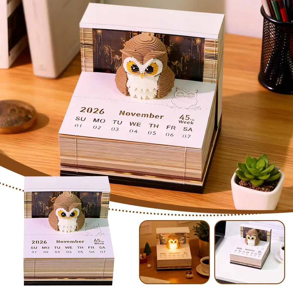 

3D Time Piece Calendar 2026 3D Memo Pad Art Sticky Notes Owl-Shaped Tear Away Carving Time Piece Notepad new year gifts