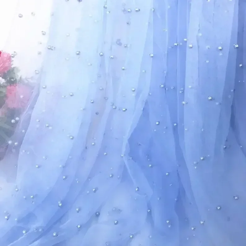 3 Colors Bead Pearl  fabric Ivory Soft Tulle for wedding  bridal lace dress fabric veil   1 Yard