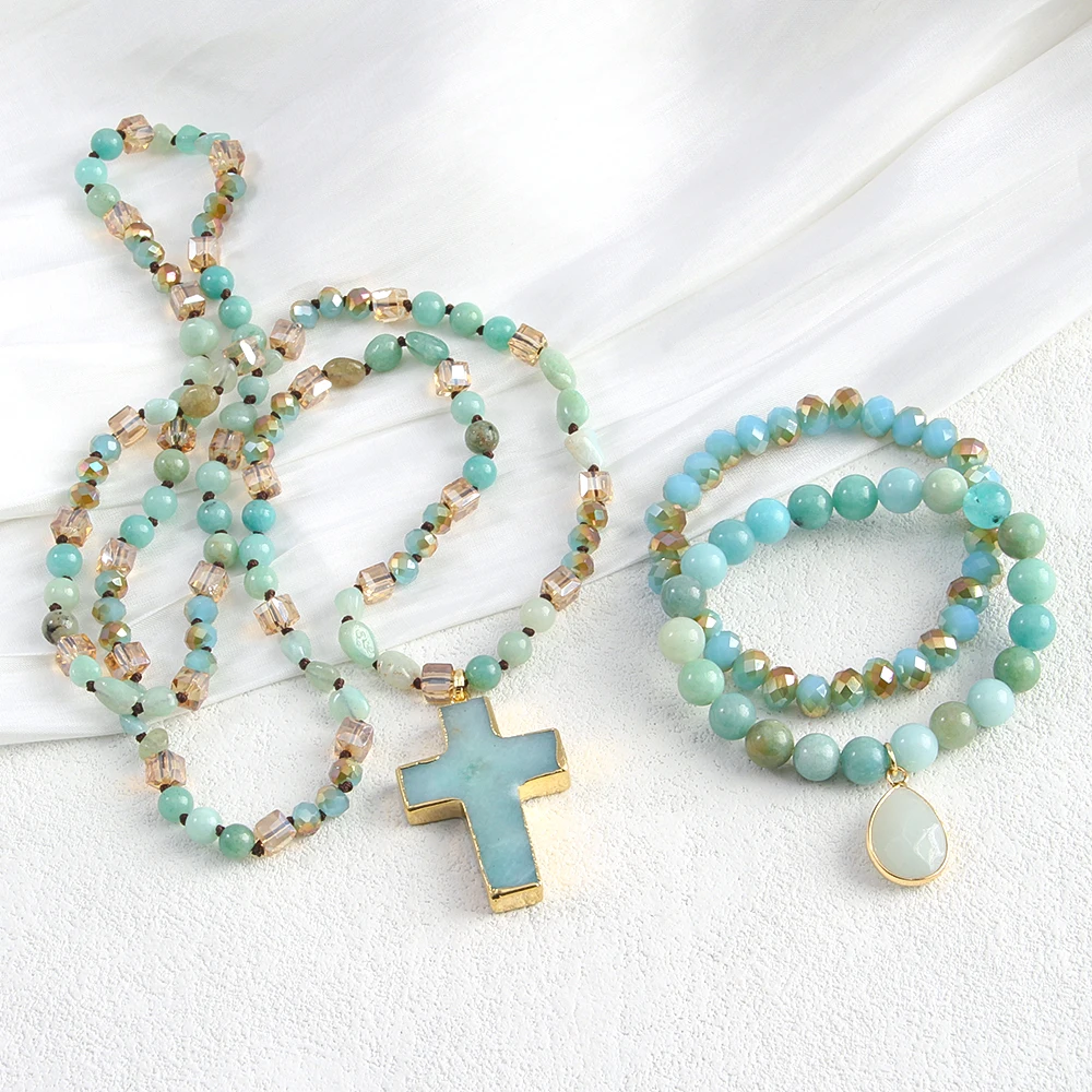 2025 RH Spring Fashion Bohemian Style Natural Stone Glass Cross Pendant Necklace 2pcs Drop Pendants Stack Bracelet Jewelry Set