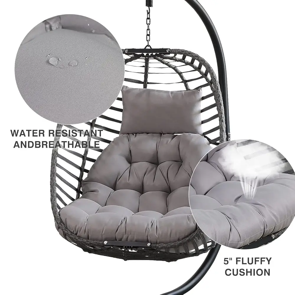 Hanging Hammo Egg Chair With Stand, Rattan Weather Resistant Vertical Fold Design Patio Hanging Basket Swing Chair 350Lbs Aticy