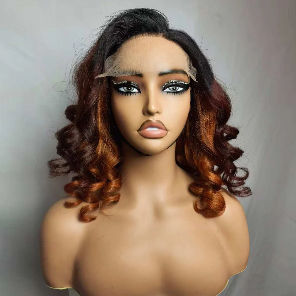 

Короткий парик-боб с глубокими кудрями, без клея, с кружевной передней частью 5x5, из натуральных волос, T1B/имбирно-оранжевый, с романтическими локонами, готовый к носке