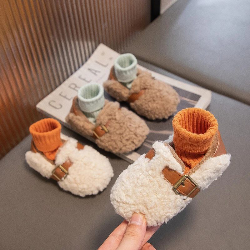 Kids Girls Winter Warm Plush Shoes Cute Buckle Design Non Slip Soft Sole Toddler Indoor Outdoor Daily Wear Flat Shoes