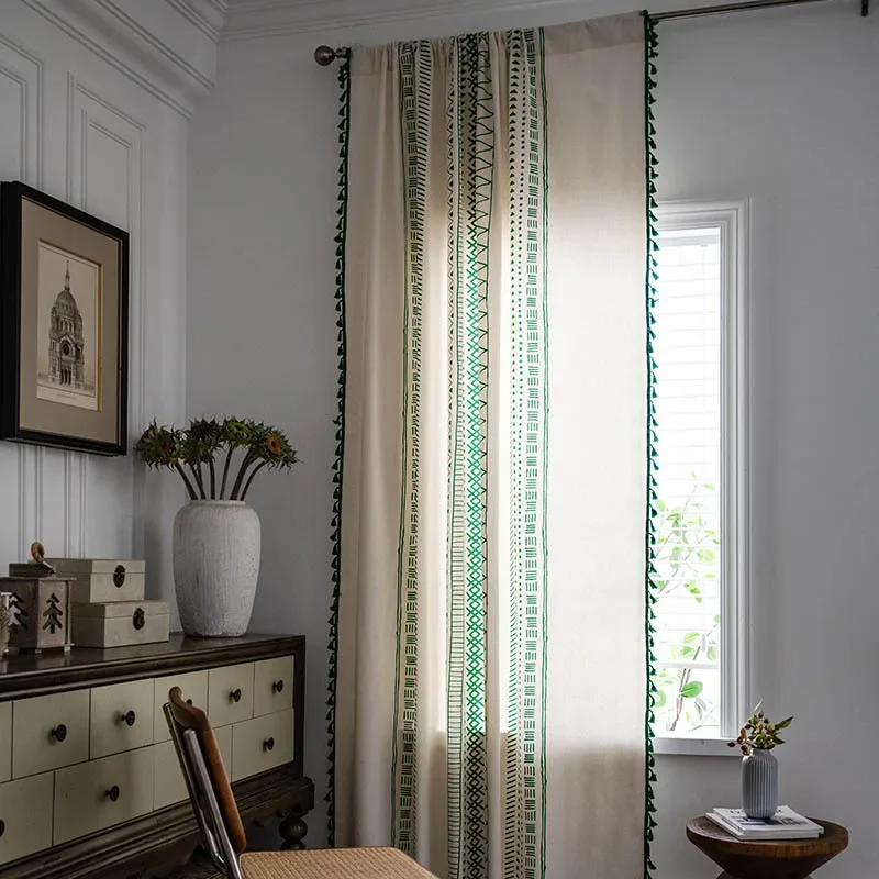 Cotton Linen Boho Green Stripe Window Curtain with Tassels Blackout Valance for The Luxury Living Room Curtains for Living Room