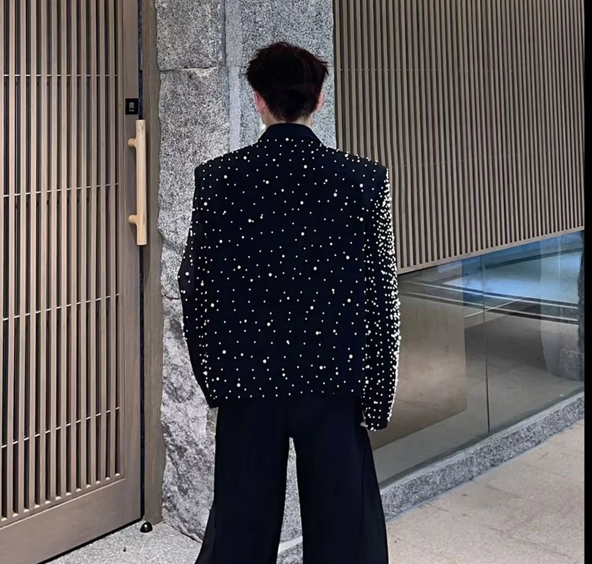 2025 New Fashion Heavy Rhinestone Starry Sky Jacket Handsome Men Loose Casual Short Turn-Down Collar Coat Trendy