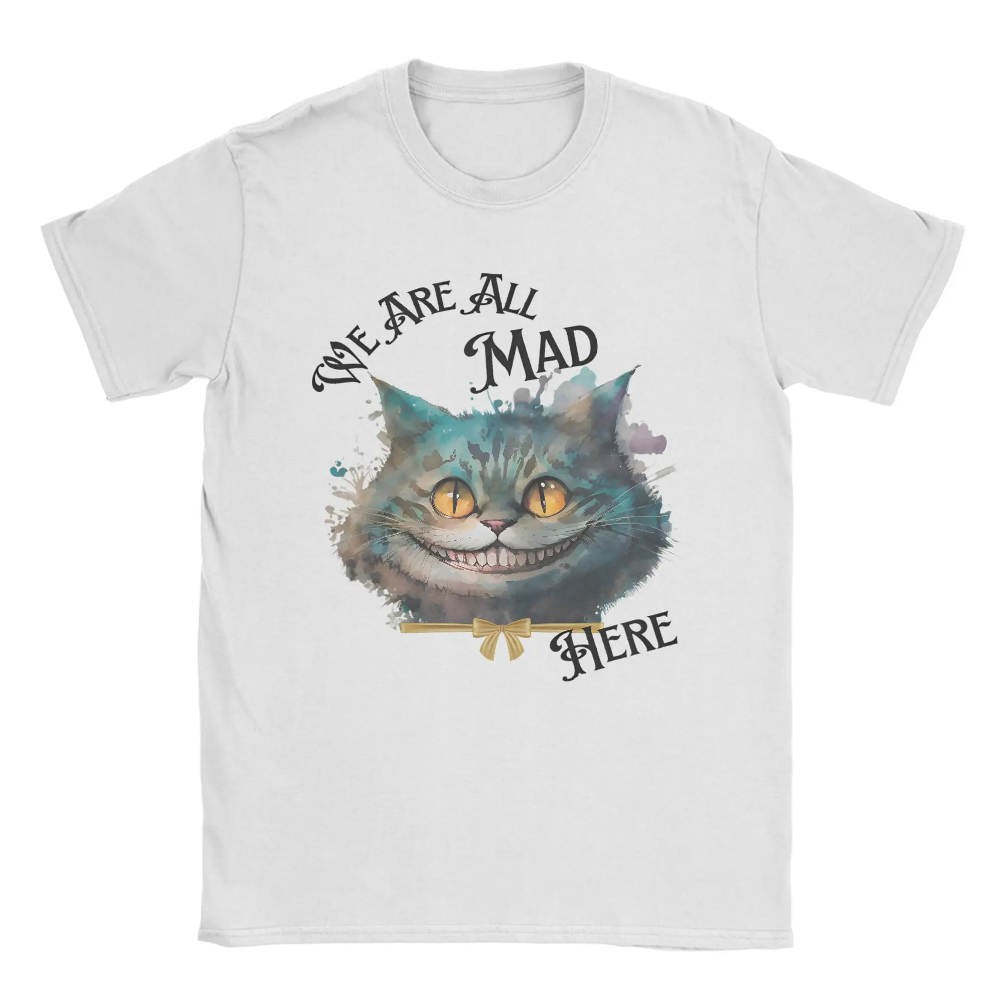 

Alice in Wonderland Cheshire Cat T-Shirt Men All Mad Here Fashion Pure Cotton Tees Round Collar Short Sleeve T Shirt Gift Tops