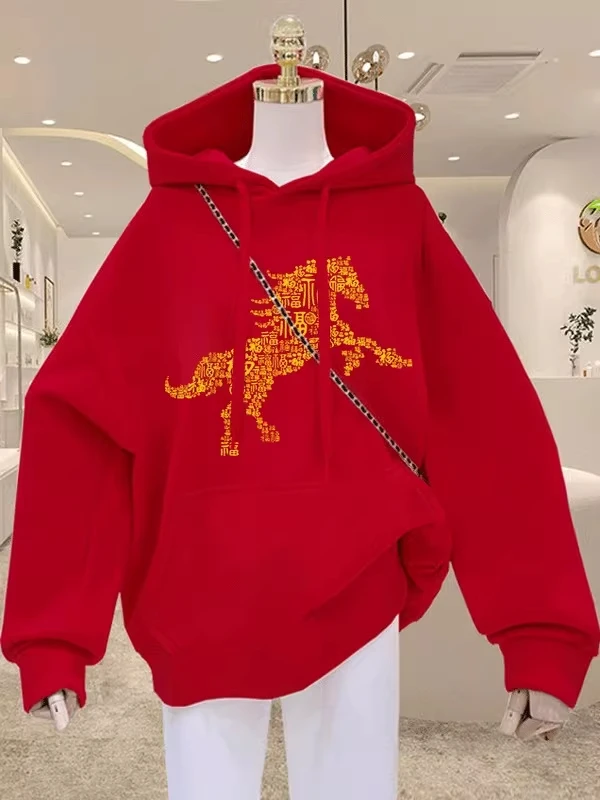 

Женская толстовка большого размера с флисовой подкладкой, праздничная новогодняя красная кофта в корейском стиле, повседневная верхняя одежда с длинными рукавами