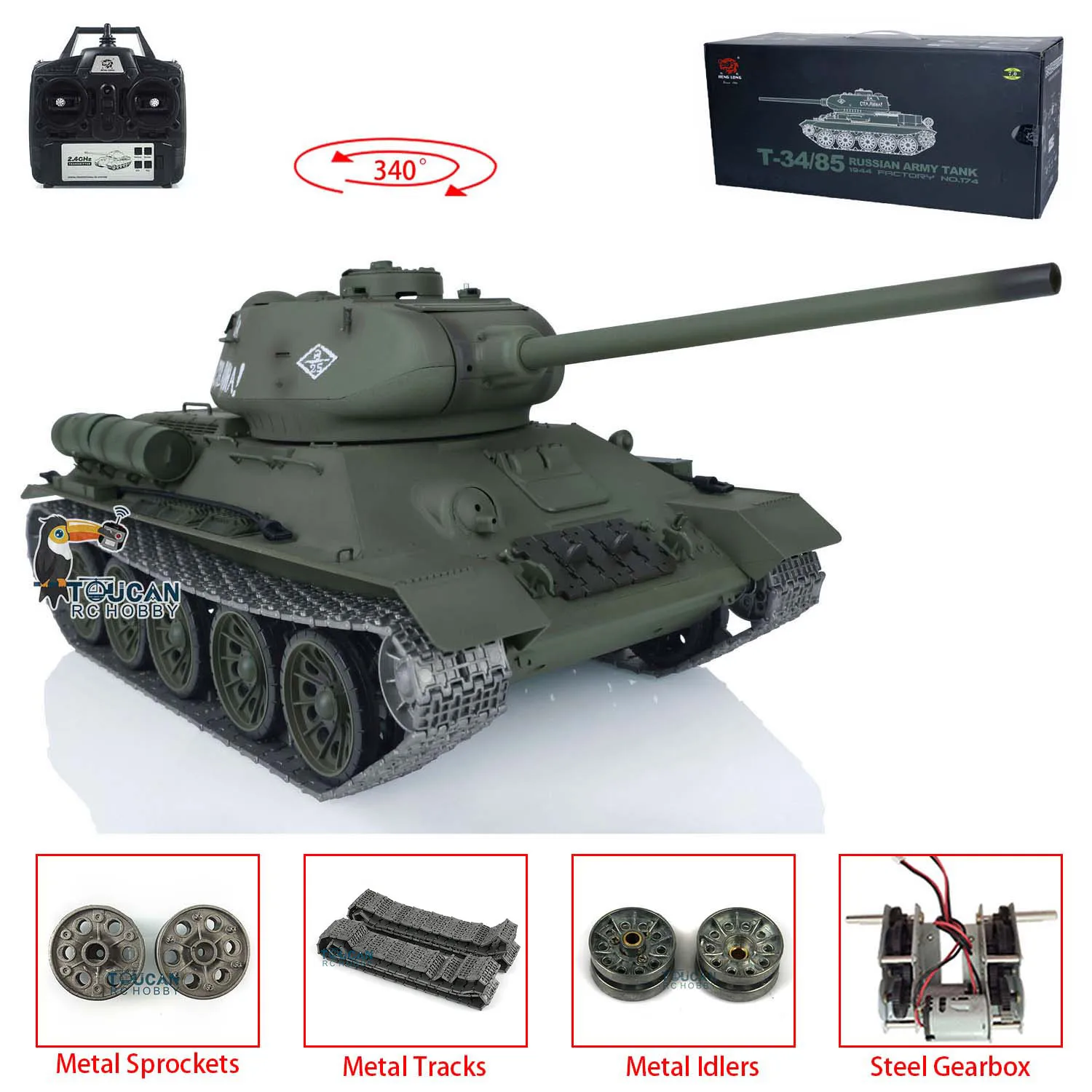 US Stock Upgraded 1/16 Scale HENG LONG 7.0 RC Tank Model Soviet T34-85 3909 Metal Tracks Idler Bearing Gearbox Speaker Toys