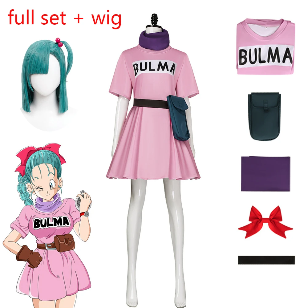

Bulma Cosplay Costume Pink Dress Headwear Purple Scarf Belt Bag Full Set for Women's Halloween Cosplay Costume Wig In stock