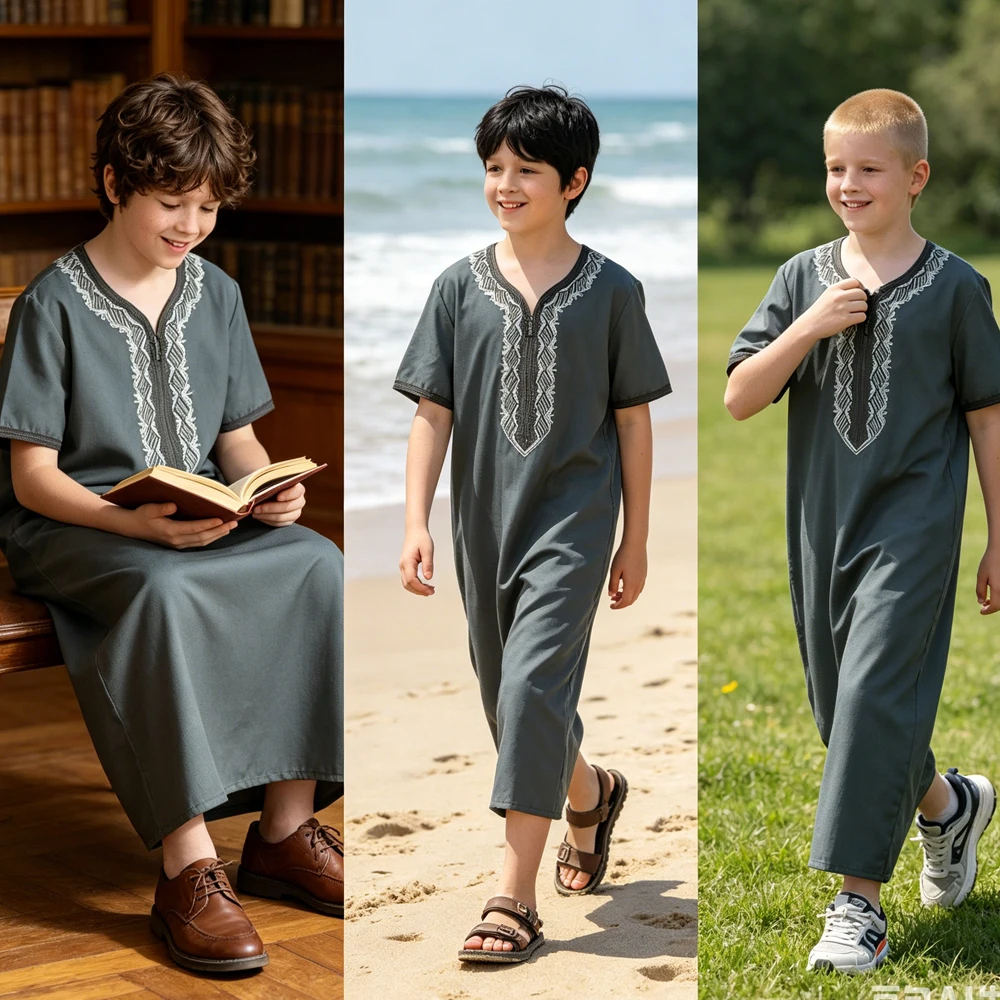 

Boys Short Sleeve Islam Kaftan Robe Embroidery Pocket Casual Long Thobe Middle Eastern Muslim Clothing for Children Jubba Abaya