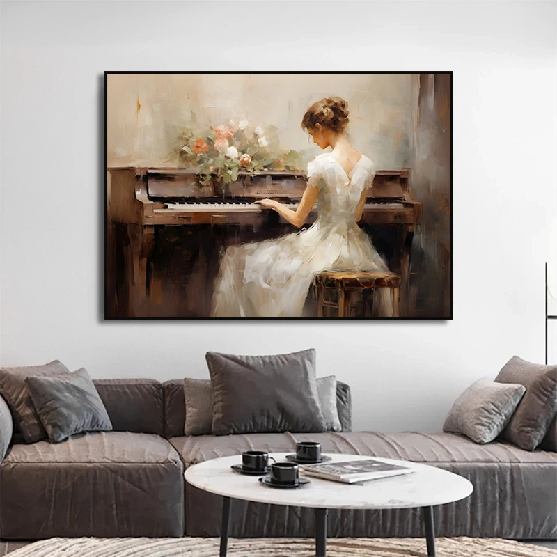 Avocado Apples Still Life Girl Playing Piano Poster Print Woman Reading Wine and Grapes Coastal Boat Canvas Painting Home Decor