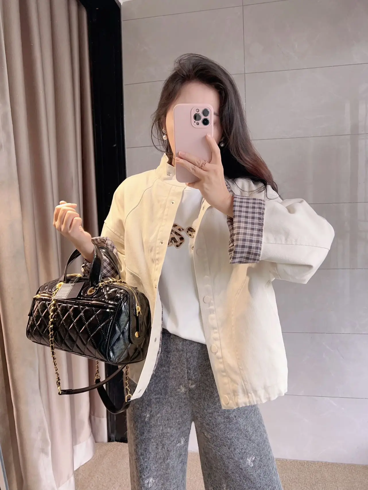 

Princ Barbara Home Simple Sle Warm Loose Cotton Coat with Collar Plaid Design in Beige Color for Young Women Winter Oute...