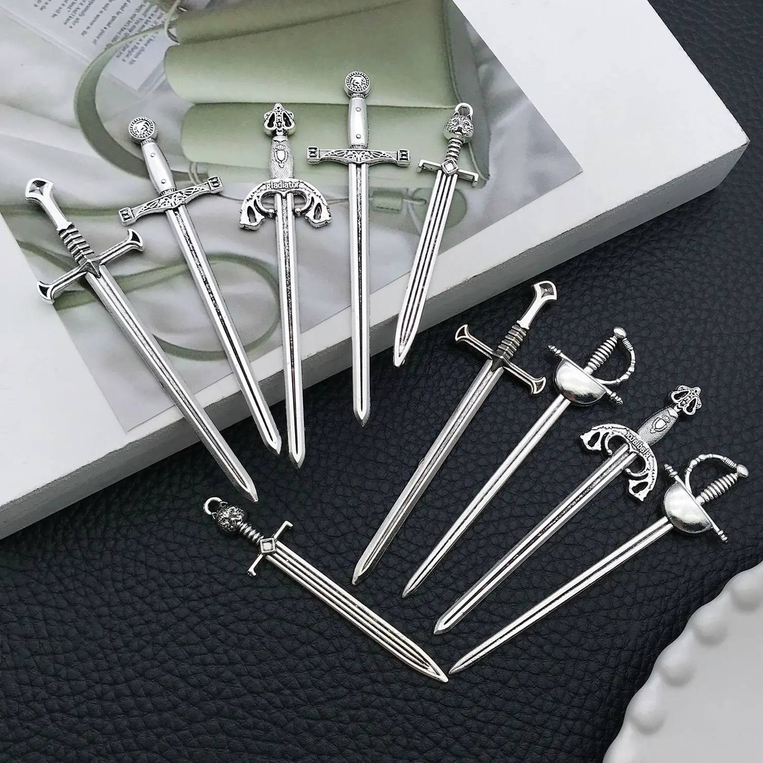 5/10-Piece Handmade Jewelry Set - Knight Sword Leather Pendants (Ideal for Crafts & Creative Projects).