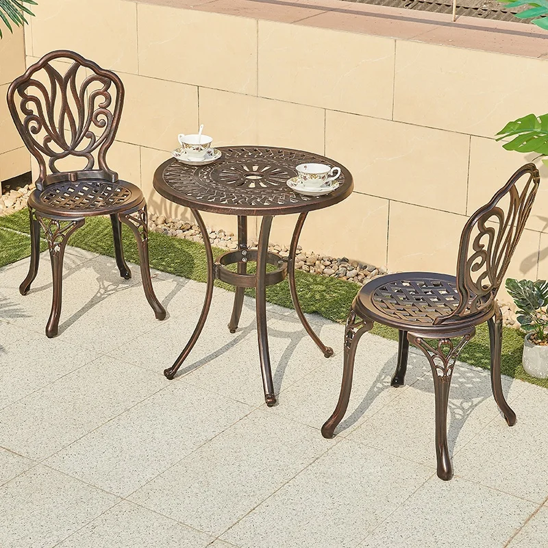 Ensemble de table basse en fonte d'aluminium durable pour villa, chaises de table carrées, balcon extérieur, bistrot français, 2 hypothèques