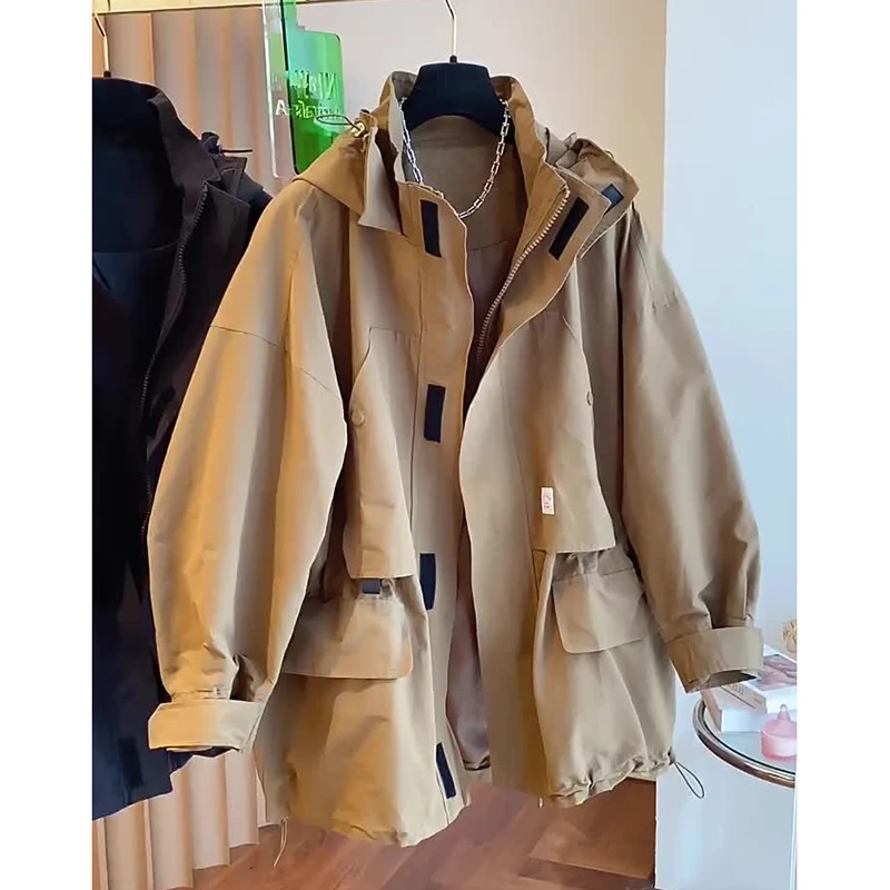 Fashion Commuting Jacket Simple Loose Relaxed Mid Length Solid Color Workwear Hooded Windbreaker Coat 2023 New Autumn