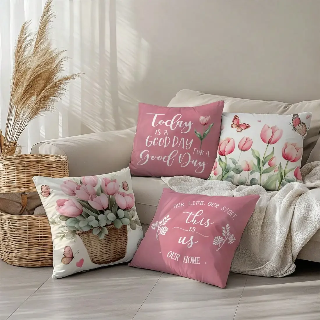 

4pcs Simple Daily Khaki Butterfly & Floral "Sweet Home" Throw Pillow Covers, Single-Sided Soft Peach Velvet Fabric, 45*45/50*50/