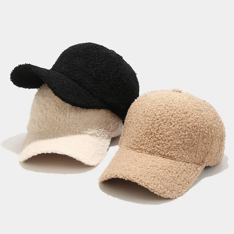 Autumn Winter Baseball Cap Women Artificial Lamb Wool Hats Keep Warm Plush Sunshade Spring Vintage Casual Solid Color Caps