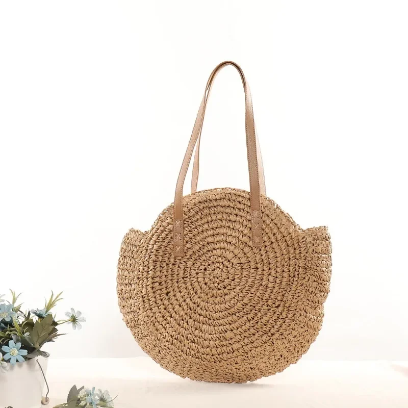 Bolso de playa de paja para mujer, bolsa de rafia tejida a mano de estilo bohemio e informal y con diseño redondo para el verano