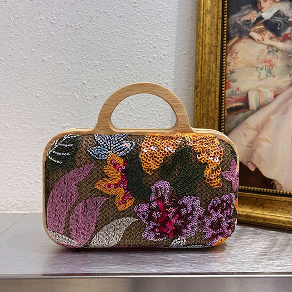 

Деревянная сумка-коробка с вышивкой и блестками, роскошная вечерняя сумка с цветочной аппликацией для женщин, вечерние клатчи, сумка через плечо