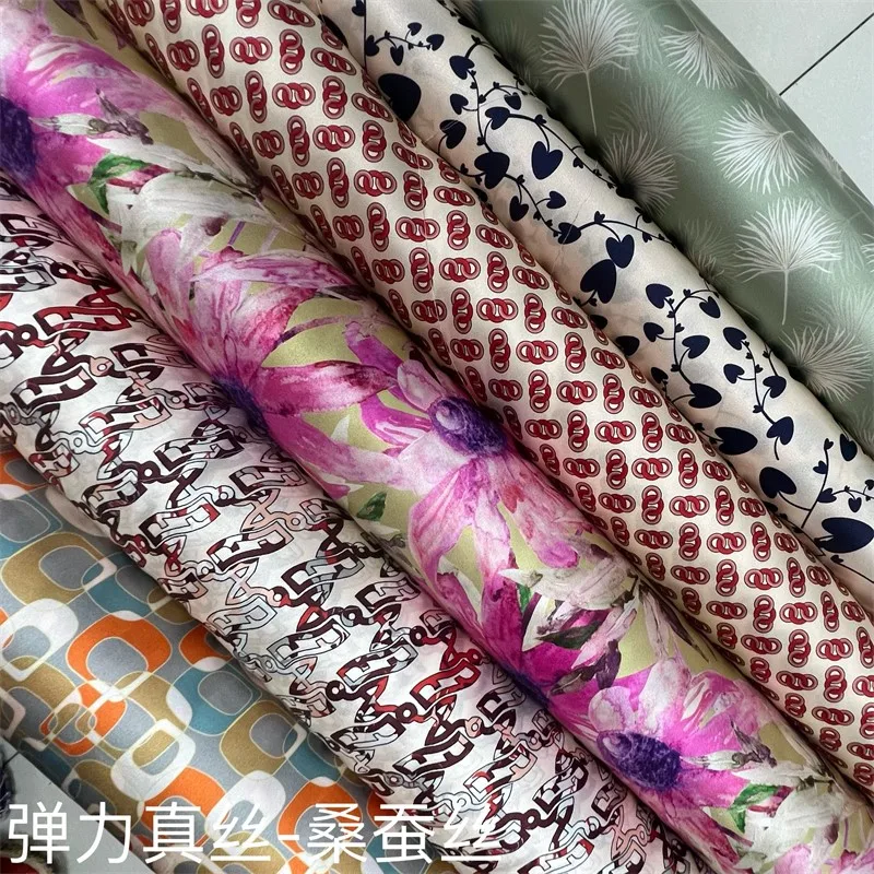 

Silk brocade 19momme Stretch fabric satin geometric flower summer skirt cheongsam garment