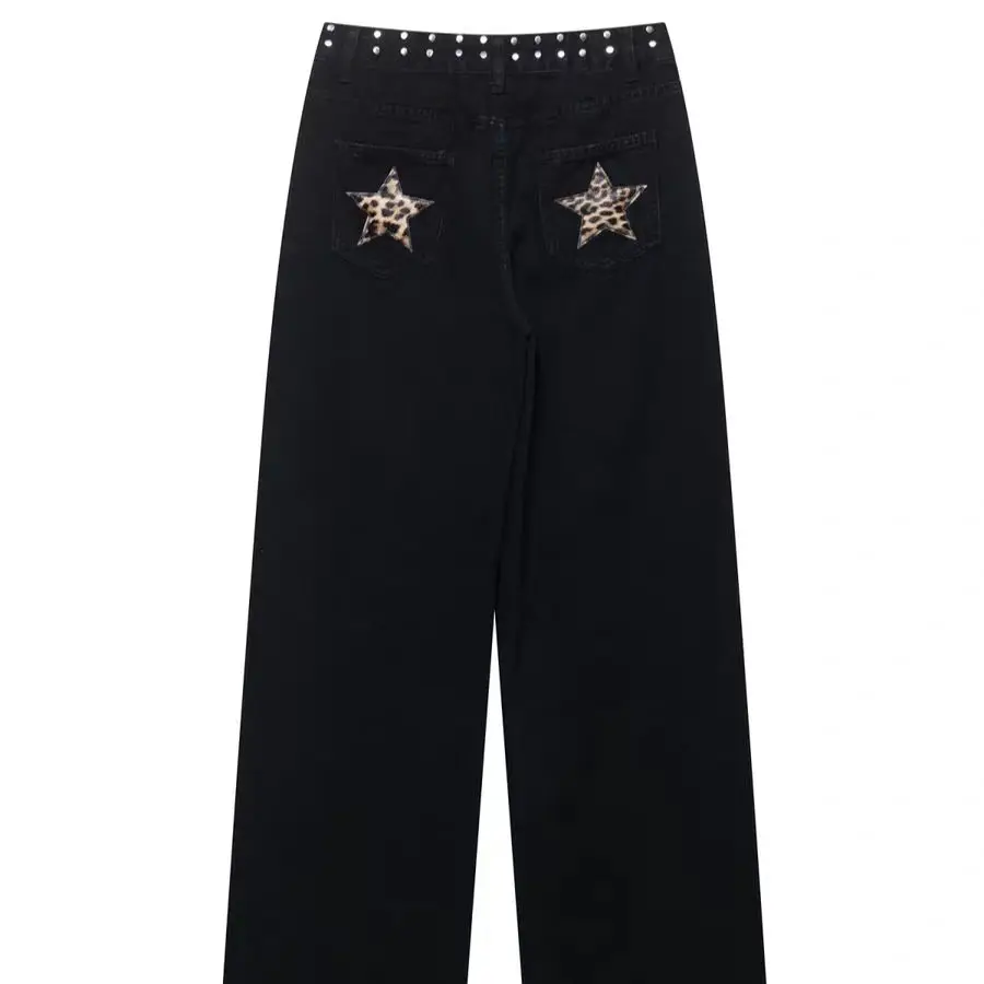 

Черные готические леопардовые джинсы с карманами в стиле ретро в стиле хип-хоп, женские джинсы в американском стиле с заклепками и высокой талией, свободная винтажная уличная одежда