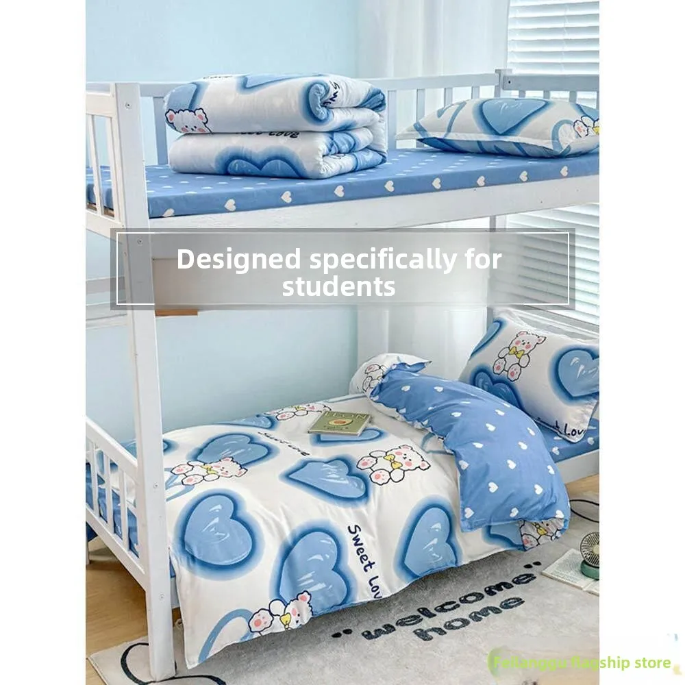 

Комплект постельного белья для студенческого общежития: трехпредметный, с мультяшным рисунком, простыня, пододеяльник, простой стиль, теплый, с карманом для хранения