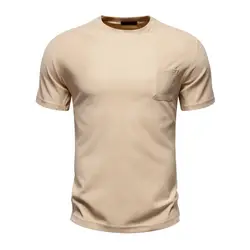 Summer Men's Casual T Shirt European Style Solid Pocket Short Sleeve T-shirts Fitness Round Neck Running Gym Top Tees