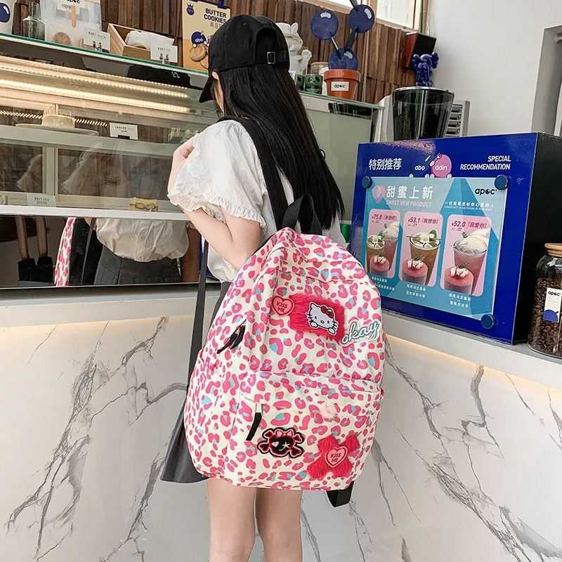 Korean cute leopard print backpack Japanese Hello kitty cartoon girl backpack student schoolbag 33cm*13cm*43cm girls backpack