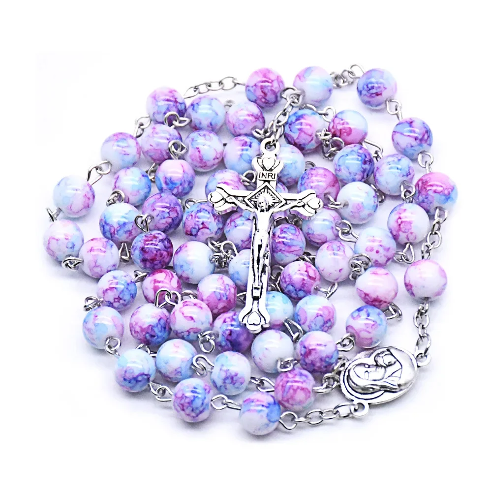 CR015 Vintage Cross Rosary Necklace 8mm Round Glass Beads Jesus Pendant Necklace Women Catholic Religious Jewelry