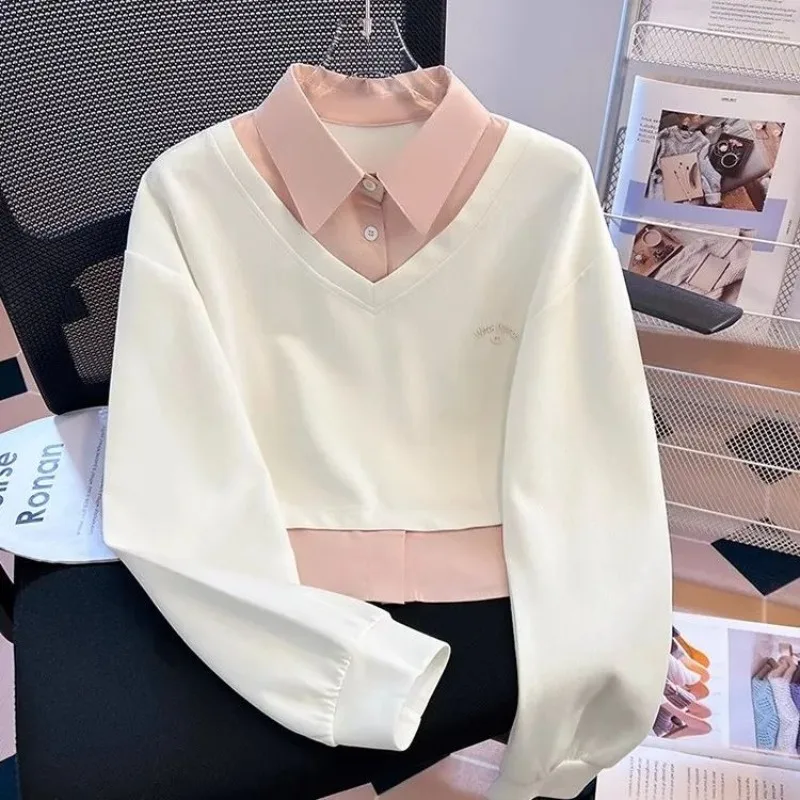 Sweet Pink Preppy Fake Two‑Piece Cropped Sweatshirt, Shirt Collar V‑Neck Contrast Hem Layered Design Loose College Pullover Top
