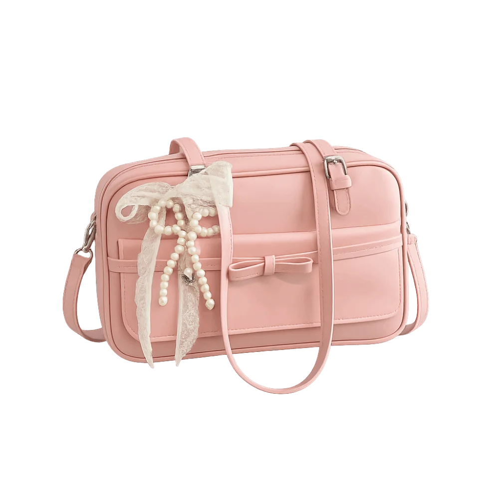 

Универсальная милая сумка через плечо с бантом, квадратная сумка-багет из ПУ с лентой и жемчужным кулоном, однотонная сумка-тоут для прогулок