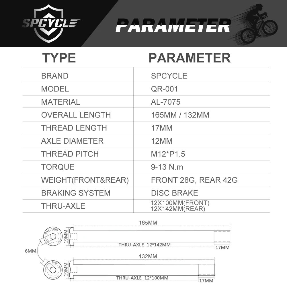 Super Light Bicycle Quick Release M12*P1.5 Thru-Axle 12x142mm Rear/12x100mm Front Bicycle Skewers For Road Gravel Bike