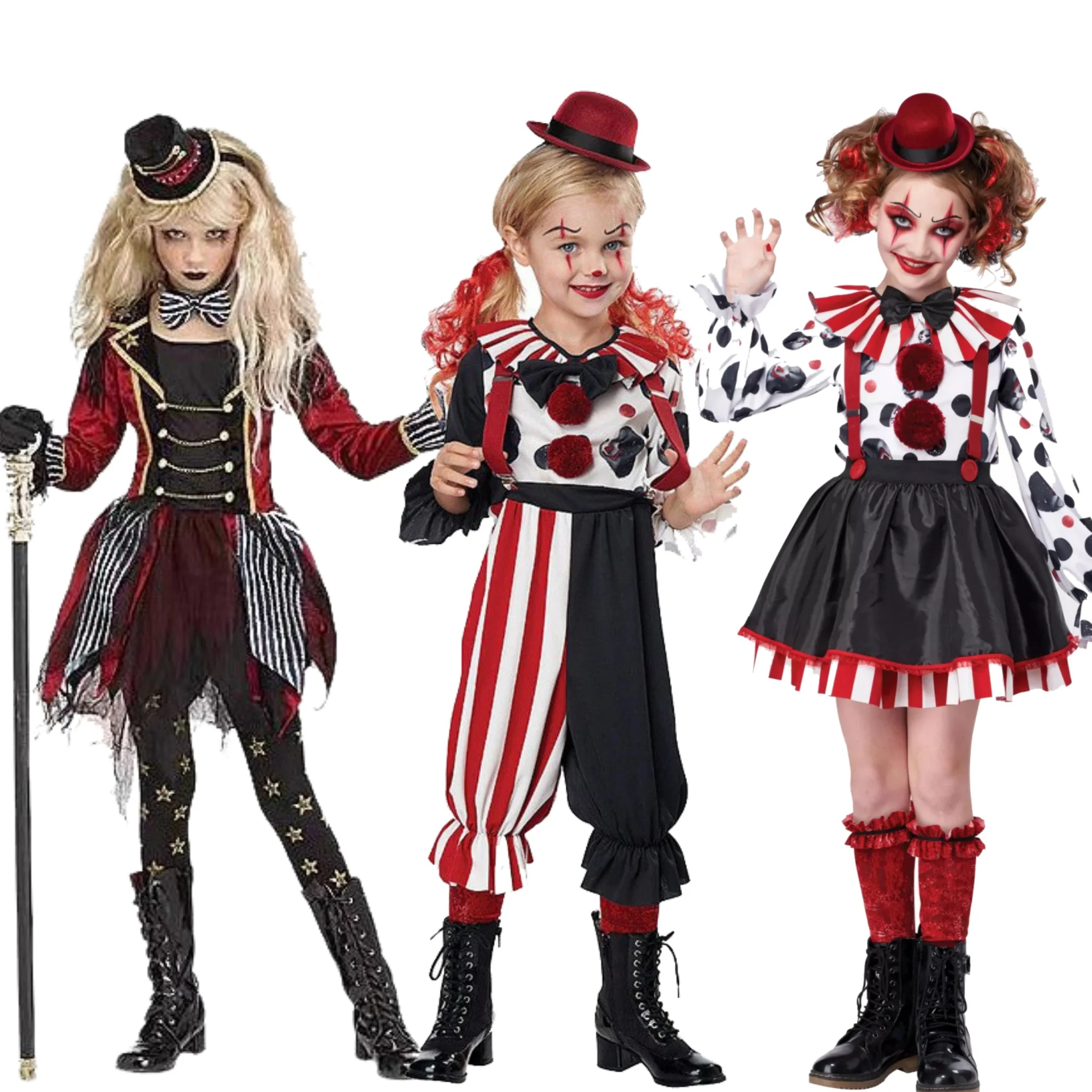 

Circus clown costume set, perfect for festival performances and horror-themed parties! (Featuring black and red spots and stripe