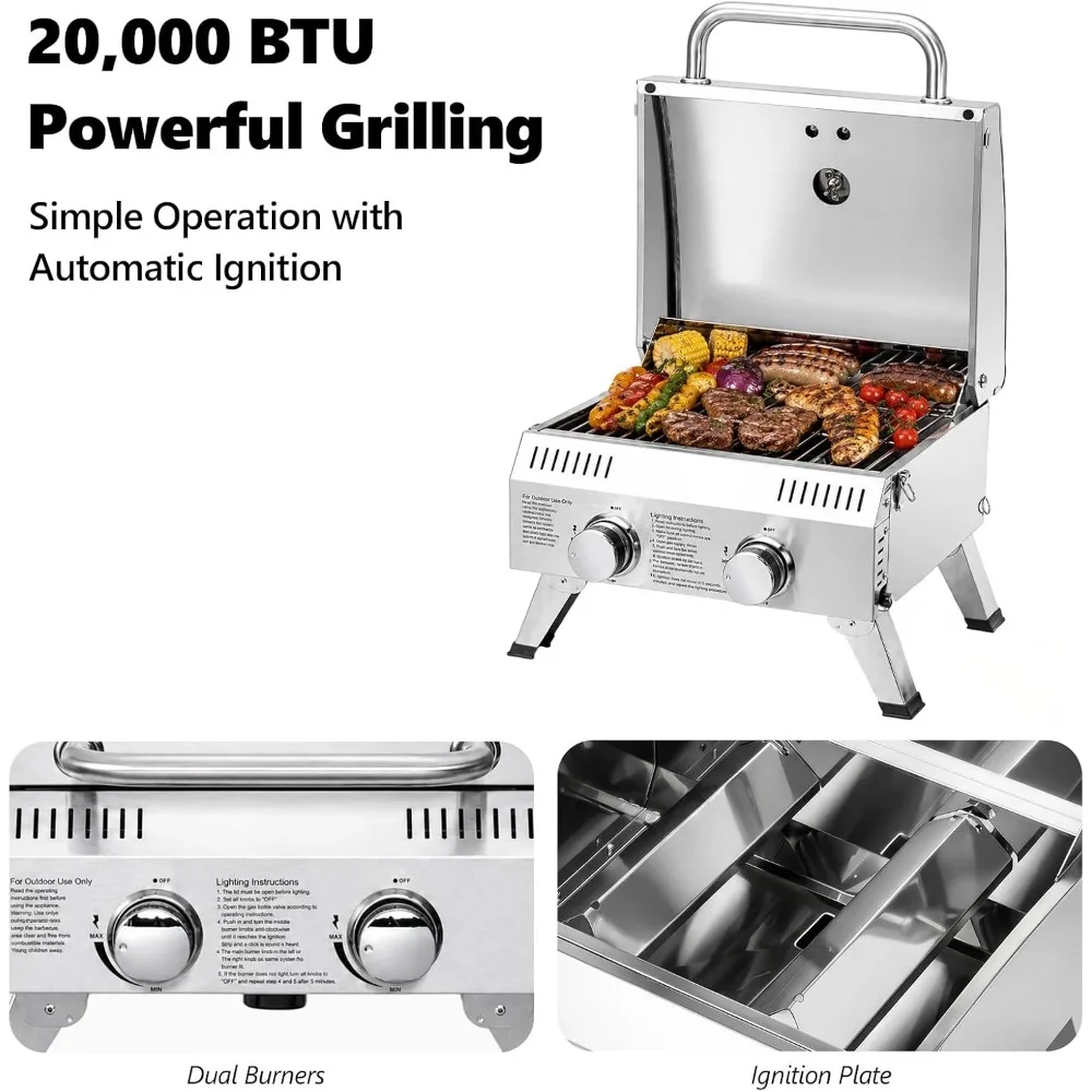 D1220,000 BTU 2 Burner Gas Grill, Ignition, Lockable Lid, Stainless Steel, Foldable Legs, Thermometer For Outdoor And RV BBQs